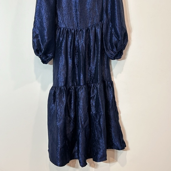 TOPSHOP Premium Textured tiered open back Midi Dress Medium Blue Metallic Size 6 - Picture 4 of 10